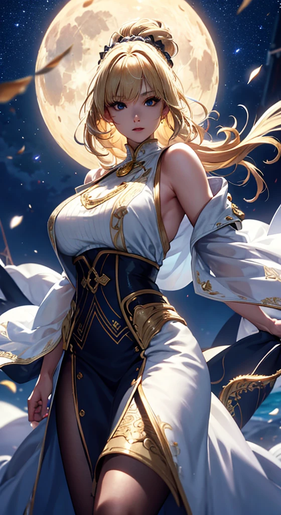 masterpiece, high quality, 4K, Beautiful design, silhouette,blonde, 非常に詳細な夜のStarry Sky,Flower Field, wonderful, Finer details, Very knowledgeable woman, Highly detailed solo, 1 female,Big Breasts, dress,Night view,Starry Sky,full moon,