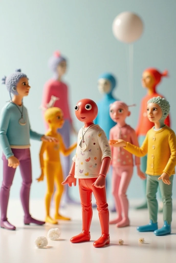 Four Humans。Smooth body and androgynous face。Full body blue。Eyes closed。Laughing with mouth wide open。Gray background only。A disgusting worldview。They are wearing clothes and are of different heights。