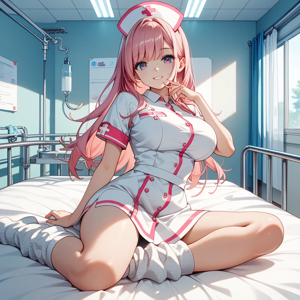 (8K, masutepiece, Best Quality, Official art, 2D, beautiful lighting, The best masterpiece in history that exceeds limits, beautiful detailed), (1 Girl, Solo), (sixteen years old), (beautiful detailed face), (shiny white skin), (Beautiful big bust, cleavage:1.3), (thighs, legs:1.3), (beautiful detailed pink twin tails hair, Bangs:1.3), (beautiful detailed drooping pink eyes:1.5), (white Nurse uniform, short length tight skirt:1.3), (happy smile:1.2), (Attractive, sensational, Look at the camera, cute pose), breathtaking scenery, (hospital, bed, thermometer:1.2),