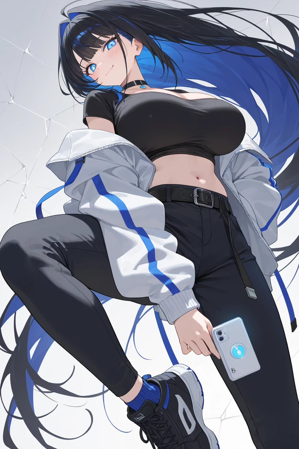 anime girl with blue hair and black top posing in a room, seductive anime girl, thicc, azur lane style, from girls frontline, female anime character, anime moe artstyle, smooth anime cg art, full body xianxia, revealing clothes, fine details. girls frontline,nsfw, anime woman, [ 4 k digital art ], doggy style, on all fours, tongue out, hand up like a paw