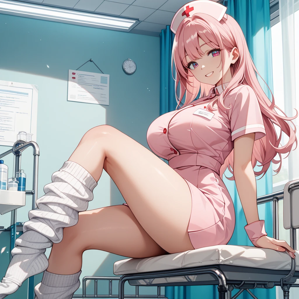 cartoon of a woman in a Nurse outfit sitting on a bed, Nurse girl, an alien robot naughty Nurse, surgeon, Nurse, (((Full breasts)))(((Cleavage)))Cartoon art style, Anime art style, doctor, Medical suture vapor wave, Cartoon art style, Candy Ward, medical doctor, High-quality fanart, Nursing, Anime Barbie wearing white stockings, Clean art style, High quality anime art style