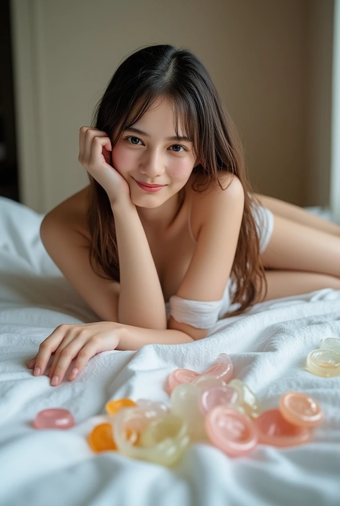junior high school student, cute female student, after bathing, wiping sweat with towel, drinking drink, smiling and chatting, , lying down, on bed, long legs