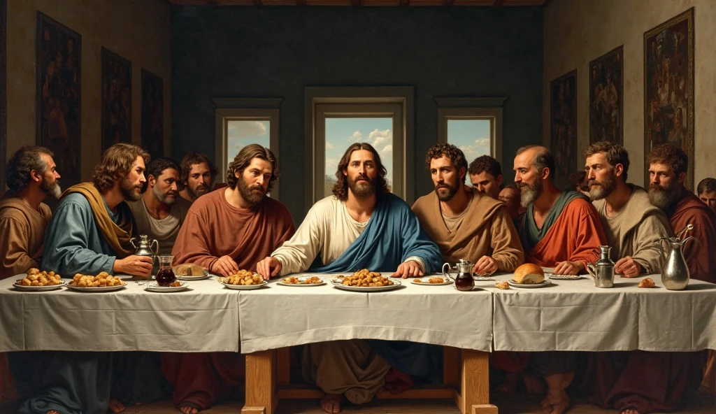 A scene with Jesus and his apostles sitting at a table in soft, warm light. A cena deve ser pintada em estilo renascentista no estilo de Greg Olsen