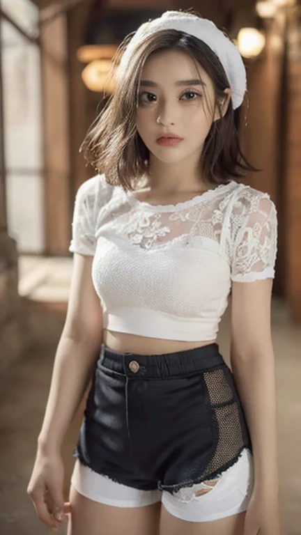 Masterpiece: 1.2, (Best Quality), Realistic, Beautiful Lee Ji-eun (IU) Face (3.0) Bust (Real Picture, Intricate Details, Depth of Field), Short Sleeve Black T-Shirt Shyness Pose (Chest Size 1.2) (Smile) Delicate Facial Features (1.8) (Fair Skin, Delicate), Dreamy Beautiful Scene Miniskirt Thin waist