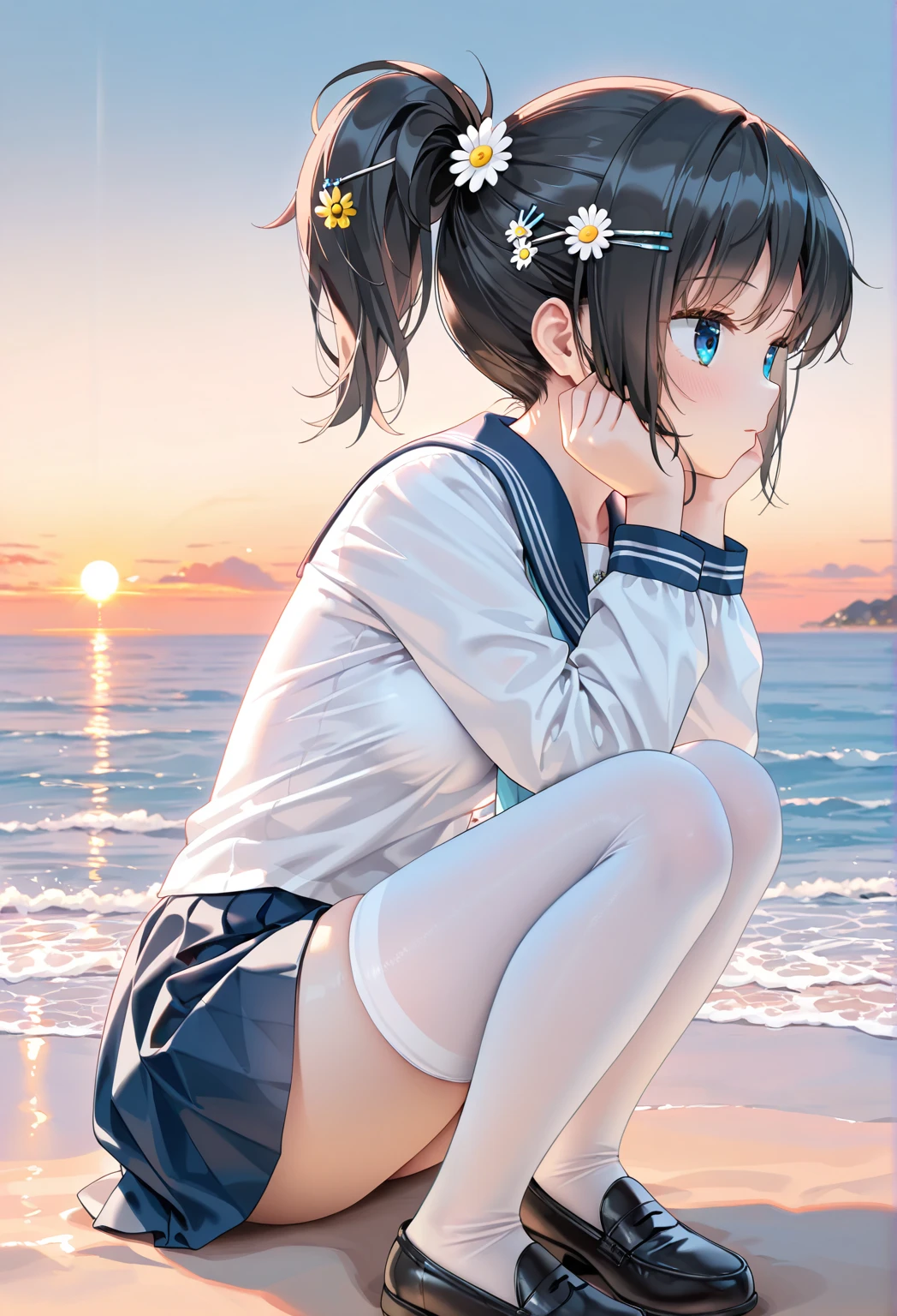 Ultra short sailor suit,roadside, Crouched View,Expose the inside of your legs,Spread your legs,White panties