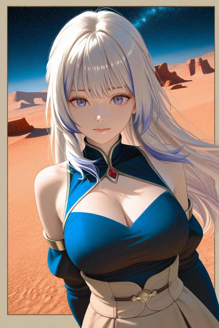 Eir a woman with white hair and blue eyes smiling wearing a very sexy bikini
