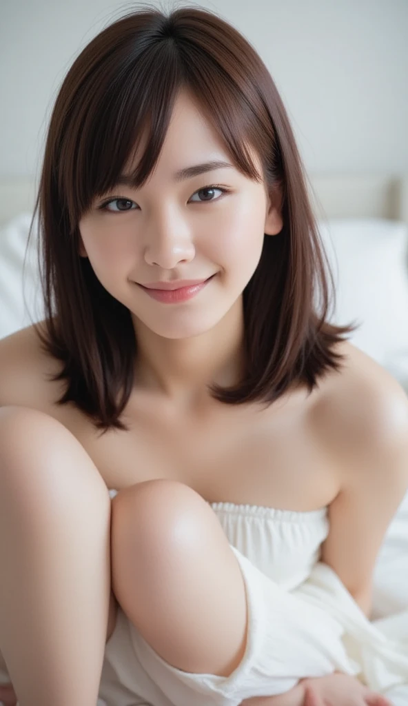 8K highest image quality)、（beautiful）、Yui Aragaki、Accurate Eyes、Fine skin、22-year-old female、Brown eyes、Brown Hair、looking at the camera、Completely naked、Semi-short hair、smile、bangs、Full view of 、Lie down on the bed、Showing nipples、The genitals are visible、Thin pubic hair、Shoot from above、