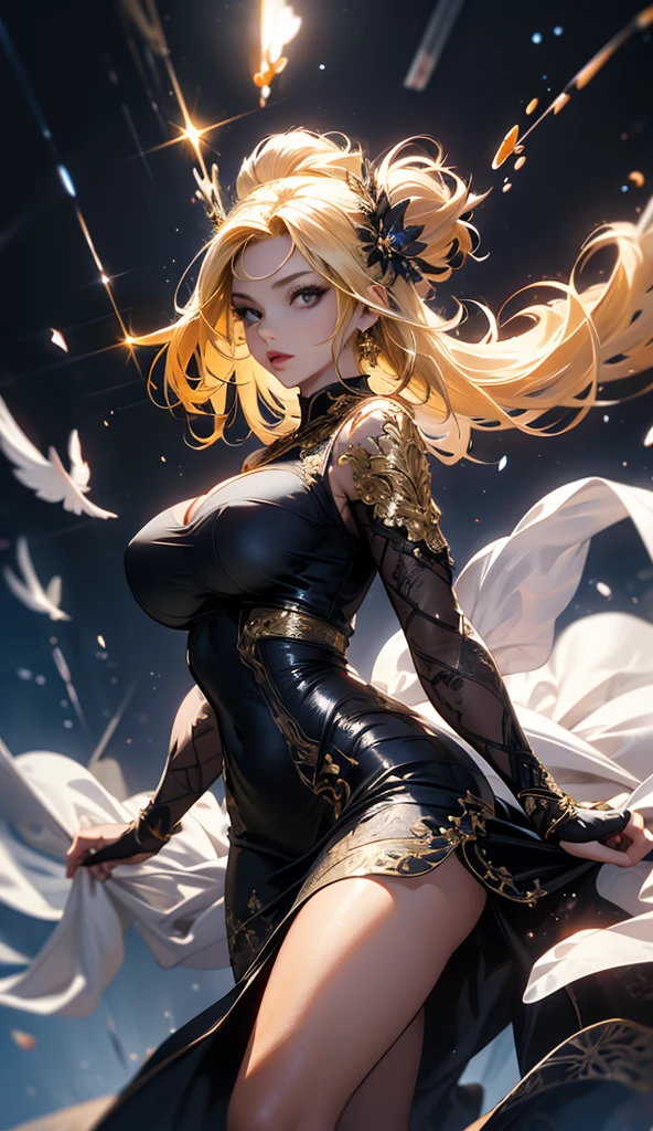 Woman with, blonde curly hair, blue eyes, white fox ears, black torn tight dress