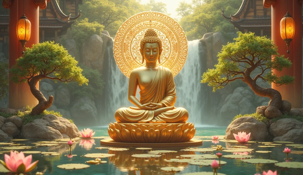 Guanyin Bodhisattva is meditating in the meditation hall of the Buddhist temple. There is a large transparent glass window in the meditation hall, and you can see the sky, mountains, lakes and believers walking on the lakeside path in the distance, Guanyin Bodhisattva, Avalokitesvara, Chinese temples scattered in the forest not far away,   waterfall cascading into a lake or stream in the background, mountains and briliant small lake in the background, Lotus in the foreground, Clear and distinct fingers, clear and distinct toes, clear and distinct facial features,jewelry, leaf, lily flower, lily_pad, necklace, plant, solo, chinese temple, path, cherry blossom, sharp focus, the sun's rays, sparkly ripples, wind ripples, hyper hight detailed, real photo, intricate details, perfect composition, beautiful detailed intricate, 8 k photography, photorealistic, masterpiece, Photo-realistic, Image enhancement,Image post-processing,Image retouching