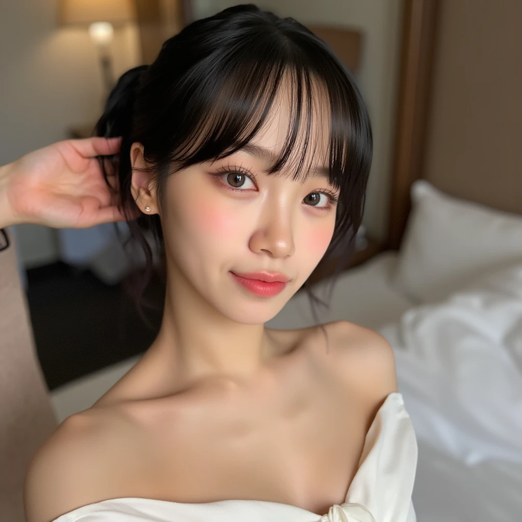 Close-up of a woman in a white dress posing for a photo, ulzzang, korean girl, young and adorable korean face, pretty-face-fine girl, beautiful delicate face, beautiful south korean woman, pale round face, Beautiful young Korean woman, Young cute pale asian face, Beautiful young Korean woman, 8k selfie photography, pale korean adorable face, with cleavage and soft breasts