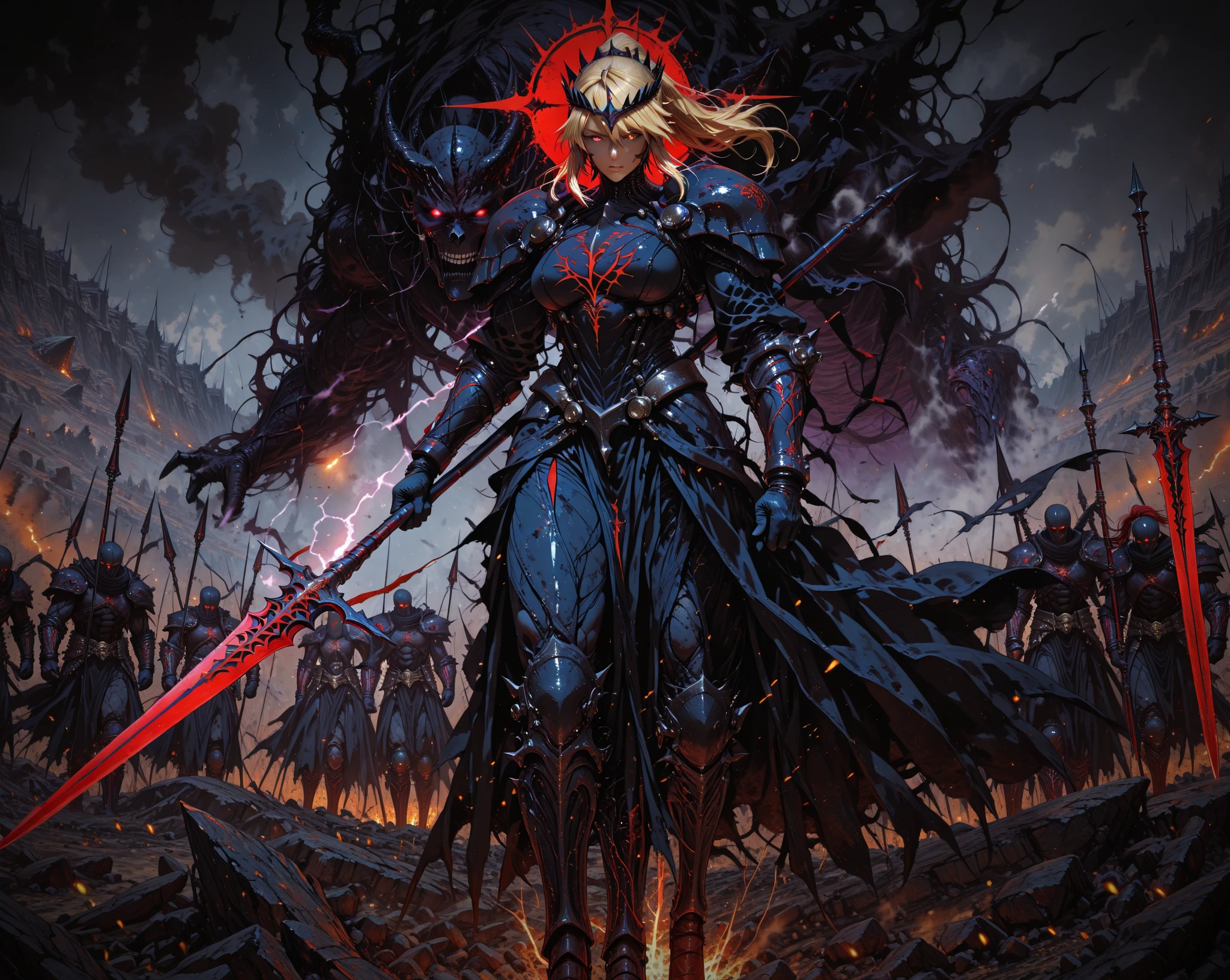 Masterpiece 8k,gorgeous  woman, blondie hair, blue colored eyes, detailded, realisitic, digitl art, octane rendering, trends on artstation, horror themed, science fiction scenario, Mono Lighting, ((red lighting:1.2)), cowboy shot, from sideways, tall stature, (Lord of the night), battle aged, several boys,Damaged helmet, winged helmet, skull ornament, SPIKE ORNAMENT, missilesdura esfarrapada, Full Armor, Shoulder Coat, (bone ornament:1.2), helmet removed, bloodstains, Flame, ((glowing claws:1.2)), claw (missiles), missilesdura adornada com decepados_ten mens_hand, ten mens_skull, tattered pelvic curtain, chains, industrial city background, shooting up, fighting, duel, battle, army, holding dismembered ten mens body part, grim reaper, dead bodies, carcass, bloodstainsy face, karo, (darkness background, night time, Meia-noite, diffuse light:1.2)