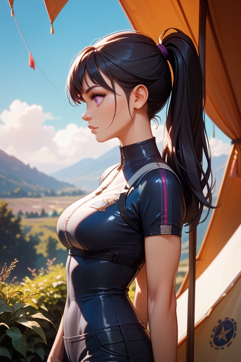 masterpiece, best quality, 1girl, shadowheart, green eyes, closeup, smile, looking at viewer, field background, night sky