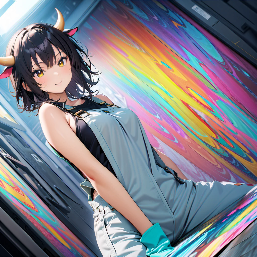 anime girl sitting on ground, 1girl, solo, gyaru, shape eyes, visible small breast, dark-skinned, long hair, straight hair, dark purple hair, short jean, Cross Halter Crop Top, smile face, sleeveless, sitting, yandere, simple yellow background