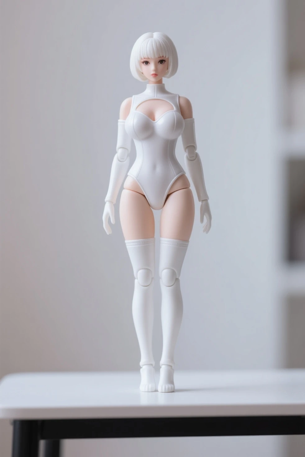 a japanese girl、25-years old、7headed body、(((Standing Pose、Full body like、posterior view)))、Small, well-shaped bust、short hair of dark chestnut color,,,,,,,,、(((Her full body white bondage fashion、White underwear、choker necklace、Non-lumpy arm cover、Long White Leather Boots))、 The cleavage is visible、(wearing futuristic clothing 、Detailed anatomically sculpted biomechanical cybernetic body, Slender hot fit body with a gorgeous young round face, Expressive big shining eyes, Captured with bright natural light and beautiful vibrant colors. 8k Resolution images.a masterful complete scene of the female full body standing with a happy expression