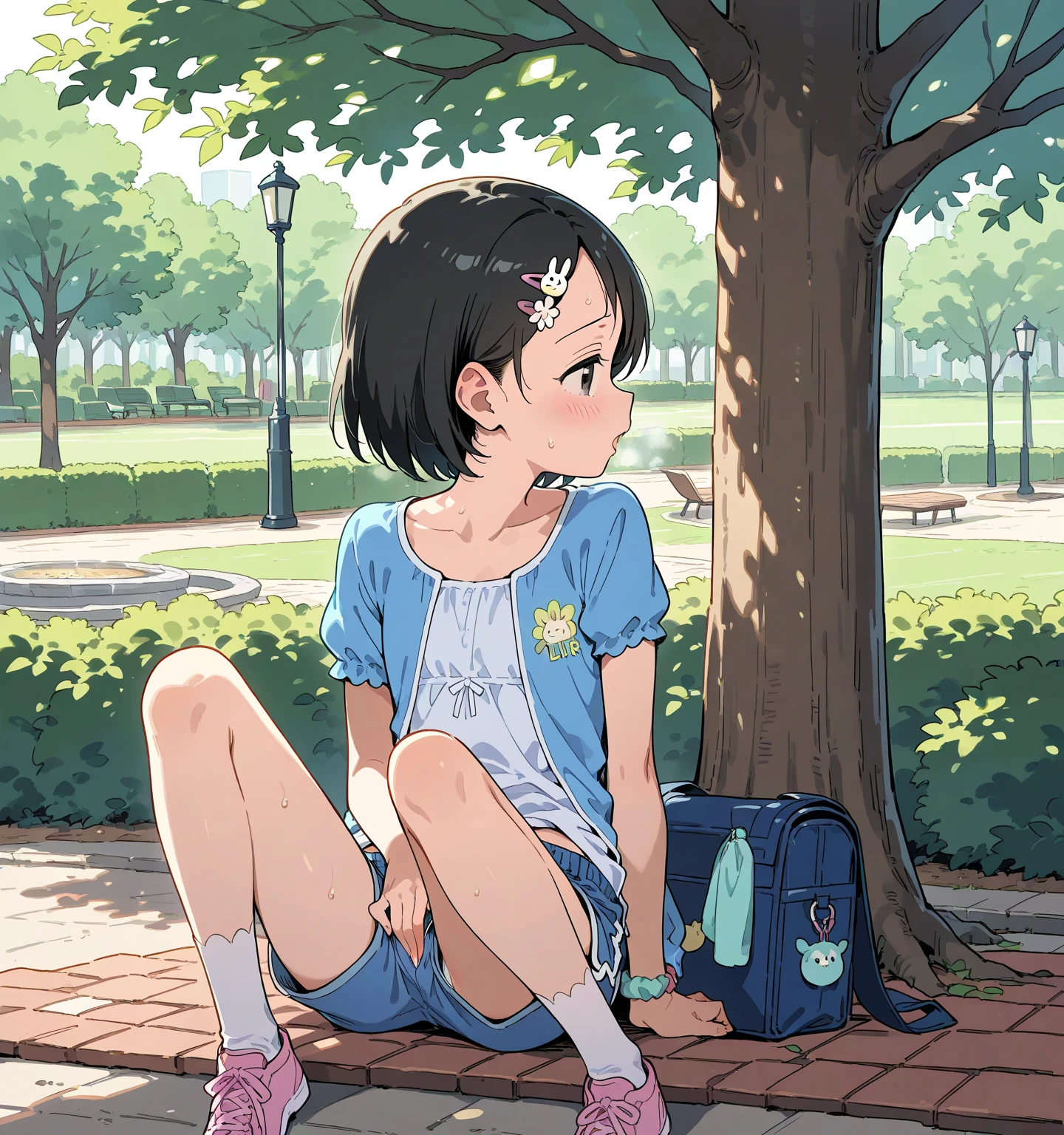 high quality, young woman, sitting on the ground, legs wide apart, naked, no clothes, (white socks), visible vagina, embarrassed, cute, (nsfw: 1.2)