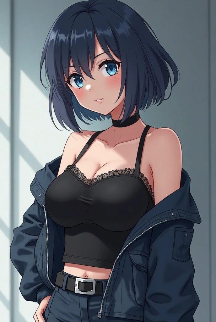 ((masterpiece)), (bestquality), ((ultra-detailed)), ((cinematic lighting)), depth of field, (dynamic angle),detailed lighting, (beautiful detailed blue eyes), 1girl, handing over a package, short black hair, tanned skin, Choker, tomboy, top and shorts, Jacket, smile, navel, small bust, Package in Hand: 1.4 , Delivery girl: 1.2, Delivery,