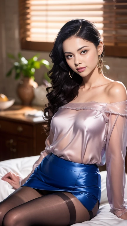(((Ultimate Photorealistic, ultimate high-quality ,32k photo:1.5))),(((American-shot photo taken from the front, looking at viewer seriously ))),(((( Seductive pose, 7 heads、Staring Intently :1.8)))),(((A simple and elegant short-sleeved business blouse with a wide open V-neck and deep brown-beige lacy extremely thin silk.、She is looking straight at the camera with a very shy look on her face.。light makeup、elegant black wet middle bob。An elegant and simple very thin choker in deep beige.:1.4)))。(((Accurate and beautiful、Drawing of thighs, knees and calves)))、((Highest quality)), ((masterpiece)), (((detailed))), (((midnight ,Modern hotel bar on a dark pouring stormy night, She is sitting elegantly on a luxurious black leather sofa. , Low Key Lighting:1.9)))、(((A very beautiful, extremely elegant and intelligent 42 year old Japanese woman。A feminine, curvaceous body。Beautiful line from hips to thighs、Extremely beautiful legs and calves、Her cleavage and thighs are extremely visible.、An extremely elegant, calm and modest smile, My eyes are extremely watery、I'm very horny、embarrassed ,blush, Curvy Body、Extremely realistic, detailed and beautiful depiction of the face, waist and thighs,Beautiful knees:1.9)))、(((The skin is white and very soft。A very hot rainy summer night、I'm pretty sweaty、The clothes are quite see-through、When wet, it sticks tightly to the skin, revealing the beautiful lines of the body.、The skin is clearly visible through the extremely thin fabric.:1.9)))。(((A simple, elegant, and sheer knee-length tight skirt in a deep brown-beige color with detailed lace detailing.,The clothes fit the body very well:1.8))), ((Healthy Body、The line of the chest, collarbone and extremely beautiful and feminine décolleté are the ultimate beauty.:1.9))。(((large&good hips、large&nice chests )))
