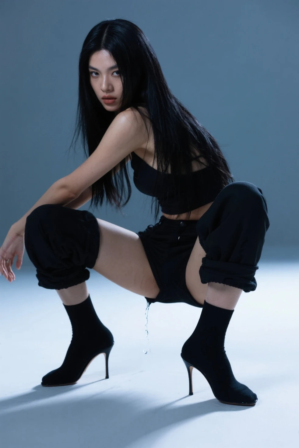 ((Push out your hips:1.5))、((Cuffs tied above the head:1.5)), In a concrete dungeon、Crouch down、Detained, Thick cables swinging around, Slave, shibari, ((spread legs:1.5)) 、nsfw,((full body:1.5)),(A sensual and erotic 35 year old office lady with a curvaceous body:1.3),(Correct Anatomy:1.2),(Long black hair:1.2),(Accurate and perfect face:1.3),(Long legs:1.3),(muscular legs:1.3),((Small breasts:1.8)),Thin eyebrows、(Dark grey lace micro panties that are tiny and bite into your skin:1.3),(((urination :1.5))) ,(Panties leaking with the pants on:1.8),(A lot of urine on the floor:1.5)、Pussy is visible、cameltoe,Hyper HD, Ray Tracing, reflected light, Structurally correct, Award-winning, High Detail, Faded Shadow Contrast, Cinematic lighting, masterpiece, Super Detail, high quality, High Detail, 最high quality, 16K,High Contrast、