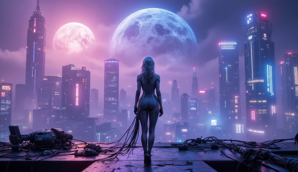 Outdoor rooftop， deep in the night， Jump on the roof，Fight，Telephoto photography，depth of fields，shot with sony alpha 1 camera，in a beachfront environment，Telephoto photography，overlooking a modern city，Shoot media from behind，32K,Realistis，hyper realisitc，（8K）Long flowing purple-pink hair，Clear in the distance