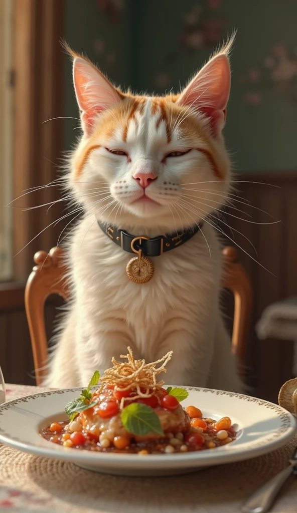 a very fat cat is sitting at a dining table full of food and drinks, smiling so happy