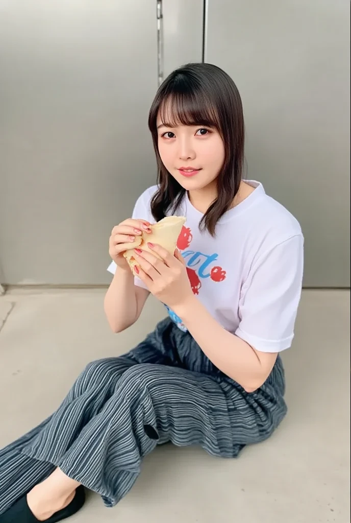 1girl eating takoyaki, one hand holding a dish, smile,