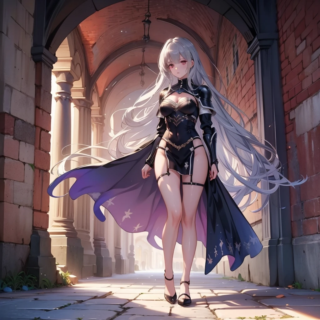 Victoria Brightshield standing in a fantasy town. (masterpiece, best quality:1.2), 1girl, solo