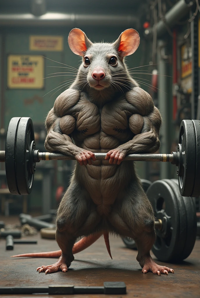Rat with old school tattoo style lines doing bench press