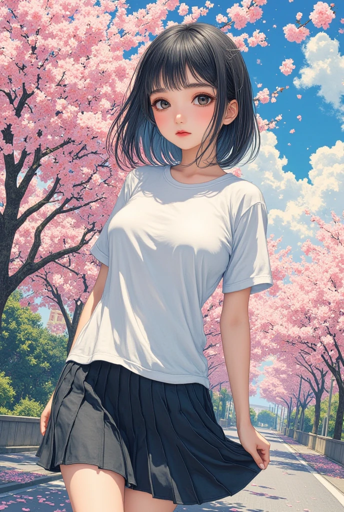 White T-shirt that is wet and see-through,Black underwear is sheer, Navy blue short skirt, The highest quality image of realistic skin of a Japanese girl with a cute childish smile