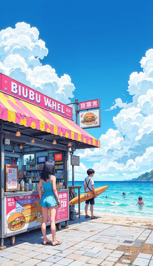 beach Summer festival, festival atmosphere, A RV selling beverage, anime realism, by Naoki Urasawa, best quality, masterpiece, 8k, Representative work, official art, Professional, Ultra intricate detailed