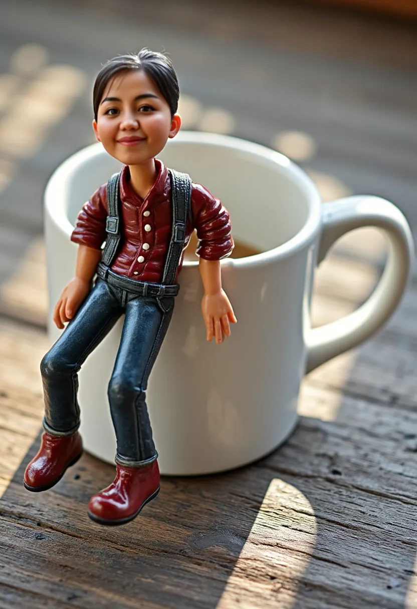 Realist 3D caricature, a young man, Indonesian face, wearing a black jacket, wearing jeans, wearing sneakers, sitting on a wooden chair, smiling, while carrying a cup of warm coffee, smoke effect, black rustic photography background, UHD, Hasselblad X1D II 50c Camera, iso 200