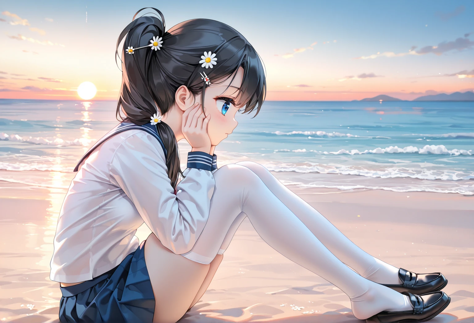 1girl, (masterpiece:1.1), (best quality:1.1), (white blouse:1.1), BREAK [blue:pink:0.5] theme, cowboy shot, full body, sideways view, looking at the audience, break pink hair, long hair, delicate facial features, blue eyes, white flowers, white top, denim miniskirt, white sneakers, lying on your side, beach, selling cute
