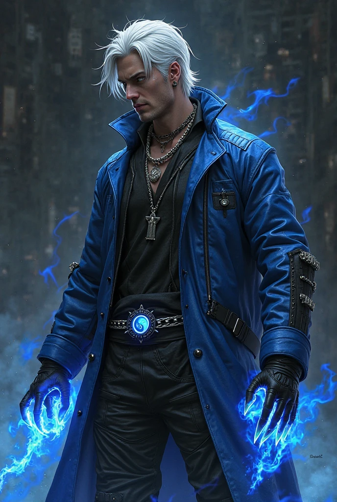 (8k, best quality, masterpiece:1.2), (photorealistic:1.70), ultra high res, detailed background, precise correct anatomy, aesthetic, high resolution, (1male:1.7), (A highly detailed portrait of a white male:1.4), (warrior mage), (wearing blue jeans:1.3), (wearing black shirt:1.3), (wearing billowing white trench coat:1.3), (silver necklace:1.3), (short blonde hair:1.3), (holding staff:1.2), (urban area, nighttime:1.3), (battle stance), hyper detailed, (blue aura around body:1.3), (glowing blue tattoos:1.2), (tangle, entangle:1.3), (sparkling blue mist), (floating debris), (particle effects),