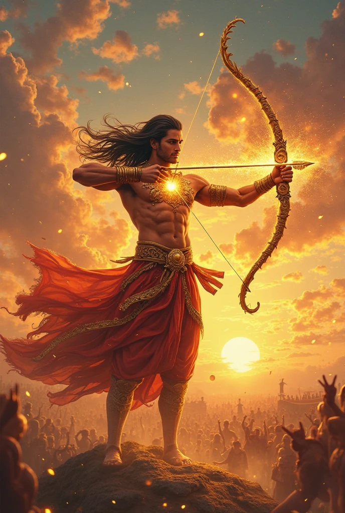 A man with long hair and traditional indian clothes in red coloris lifting a celestial bow, the bow is emitting red and yellow lighting around it, it's a wide image, vivid colors, forest background, day time, cloudy wheather.