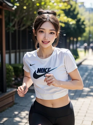 masterpiece, Highest quality, (RAW Photos:1.3), Realistic, Upper body photo, Beautiful adult woman, Age 27, beauty, Long face, long. short wavy black hair, Symmetrical face, Symmetrical eyes, (Old-fashioned smile:1.2), (Sweaty face. Sweaty skin, Nike white t-shirt, Small breasts:1.4), intellectual, A neat and clean female teacher, physical education teacher, Hanging a whistle from the neck, Schoolyard