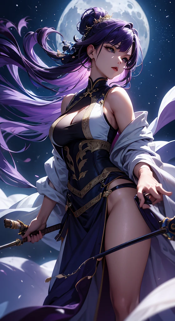 (ultra realistic photo, 8k uhd, full of details in clothes and face, masterpiece, girl goddess of beauty). Shogun Raider from Genshin Impact is a sexy woman with long, flowing purple hair, who wears a highly detailed sexy lingerie, she wears a jewel on the side of her head adorned with gold details and a gem in the center. - She wears a purple and pink outfit with gold details, with ornate designs in gold. The upper part of the armor is tight to the body, highlighting its curves. (she has long breasts, huge and perfect breasts emerging from her sexy, erotic cleavage, sharp pointed BREASTS), ((transparent micro panties showing pussy, perfect pussy)), defined body, body with curves, big perky ass, pussy showing, His arms are covered in armored gloves that have similar designs in gold and are attached to his upper arm by straps. - A piece of cloth flows from his waist, complementing the armor look. - Her face is very beautiful, she has light pink eyes and a serious expression. - In the background, there is a dramatic sky full of dark clouds and lightning lighting the scene. A full moon is also visible between the clouds.
