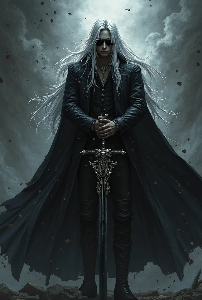 Create a handsome and attractive young prince of hell wearing a black body jacket, long white hair tied in a ponytail. Have some tattoos and a sword