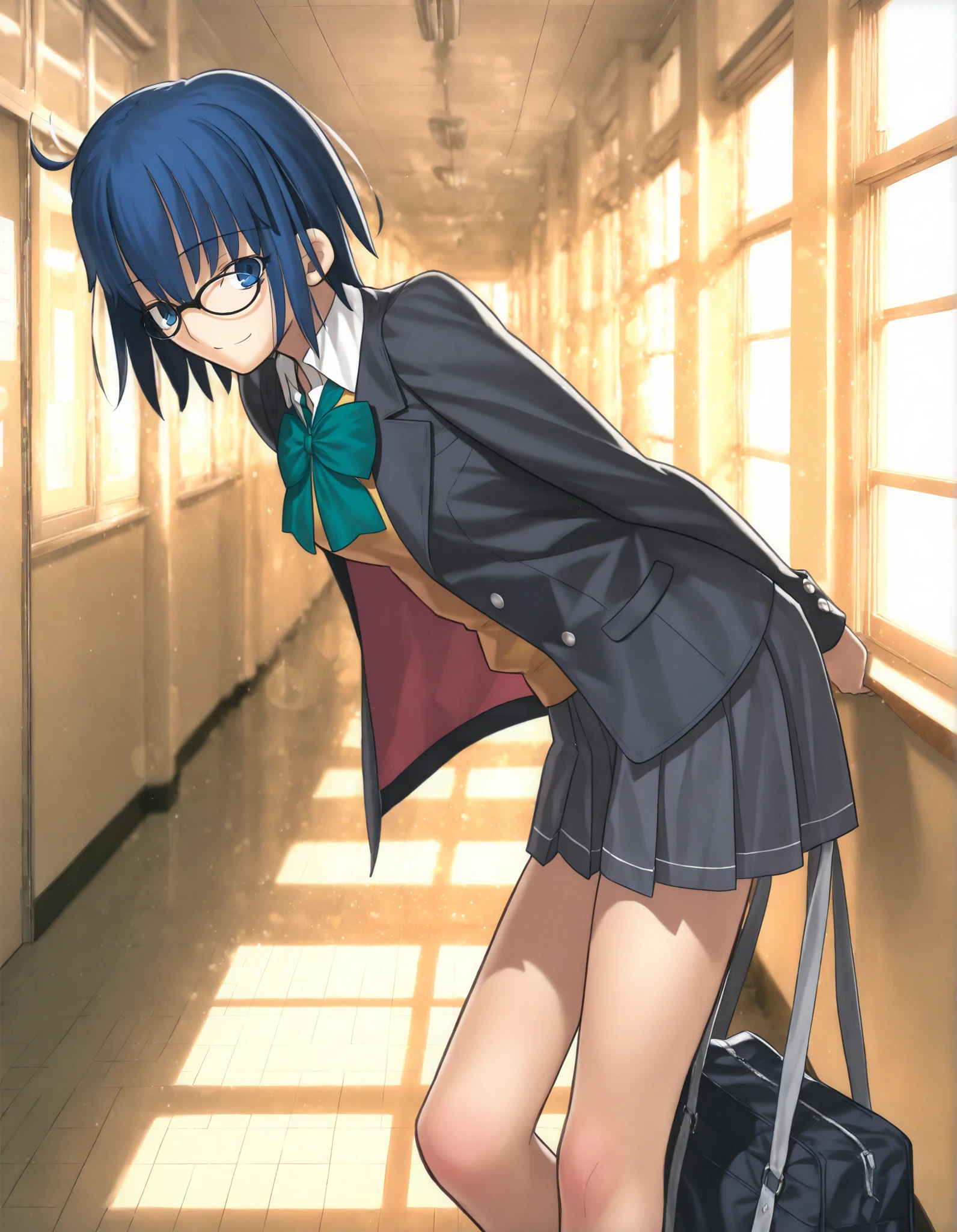 masterpiece, , absurdres, highres, detailed background, high resolution, masterpiece, necessary, detail, best quality, quality, necessary, details, High details, Precise, 8k indoors, (school, hallway, colorful light particles, powder light,),day lens flare, blurry background,(from side, from above,),
1girl, Takeuchi Takashi (type-moon,tsukihime) style, takeuchi takashi style, (aged up),(blue sky), having bag, standing,(long legs) ,
girl, (slender body, slim arms, slim bod), solo, el3gymaster ,ciel \(tsukihime\) ,blue eyes ,blue hair ,glasses ,short hair,(black-framed eyewear ,school uniform ,open jacket ,green bowtie ,yellow knit, white undershirt ,grey skirt, pleated skirt,), (medium breasts),(looking at viewer), light smile, leaning forward, , ,