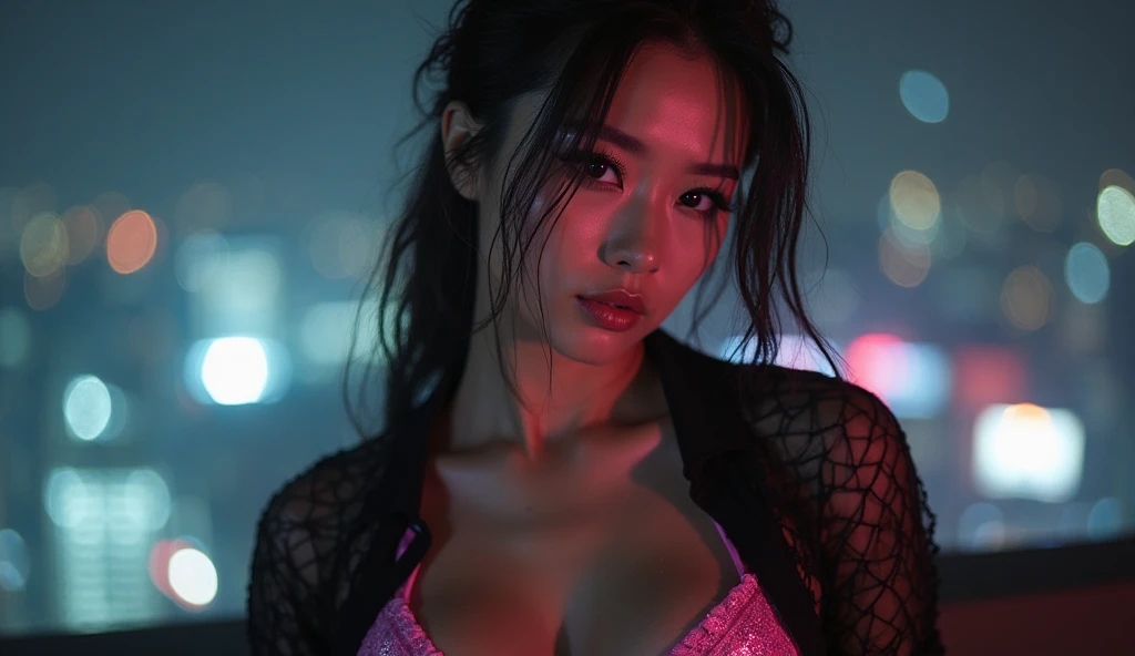 A cyberpunk-inspired portrait of a young woman with flowing black hair, wearing a neon purple top and futuristic leggings. Her eyes are piercing and intense, reflecting the vibrant city lights behind her. The image is captured in a soft-focus style, reminiscent of iconic album covers, with a warm, amber glow illuminating her features. The overall aesthetic is exotic and captivating, with a touch of Luke Fildes' Victorian realism. Use a cinematic lighting setup, with a single, powerful light source creating dramatic shadows and highlights. Aspect ratio 1:2, stylize 750, Midjourney v6