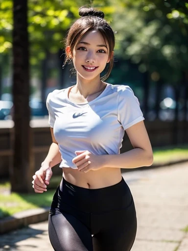 (top-quality、超A high resolution、masterpiece:1.3)、A tall and pretty woman、longeyelashes, Long hair with bangs, longeyelashes, Parted lips, surrealism, drop shadow, anaglyph, Verism, depth of fields, Backlighting, Expose F/1.2, One-person viewpoint, Super Detail, ccurate, Best Quality, nffsw, masutepiece, Textured skin, Best Quality, in 8K, blurry backround, ((big breasts thin waist)), skinny thigh, (Colossal tits:1.1), Natural Color Lip, Smile, long legged, Young woman in perfect style, Teenage woman, Running Uniform