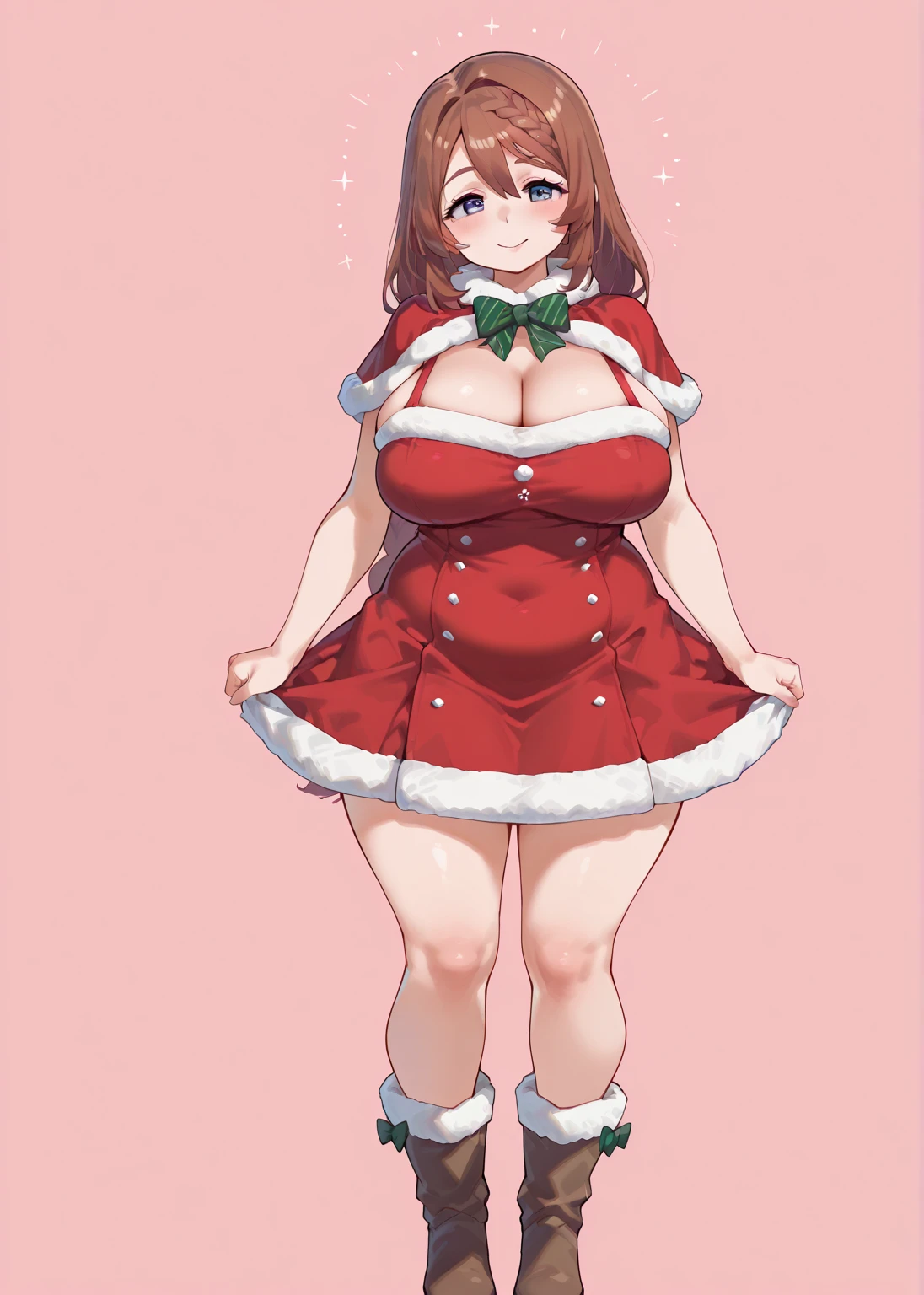(masterpiece, best quality:1.2), christmas, snowing, solo, 1girl, hildaholiday, smiling, looking at viewer, twintails, hair flower, hat, fur trim, red dress, clothing cutout, fur-trimmed sleeves, white gloves, striped thighhighs, cleavage, outdoors, cowboy shot, upper body, (hands behind back), huge belly, massive belly, giant belly, enormous belly