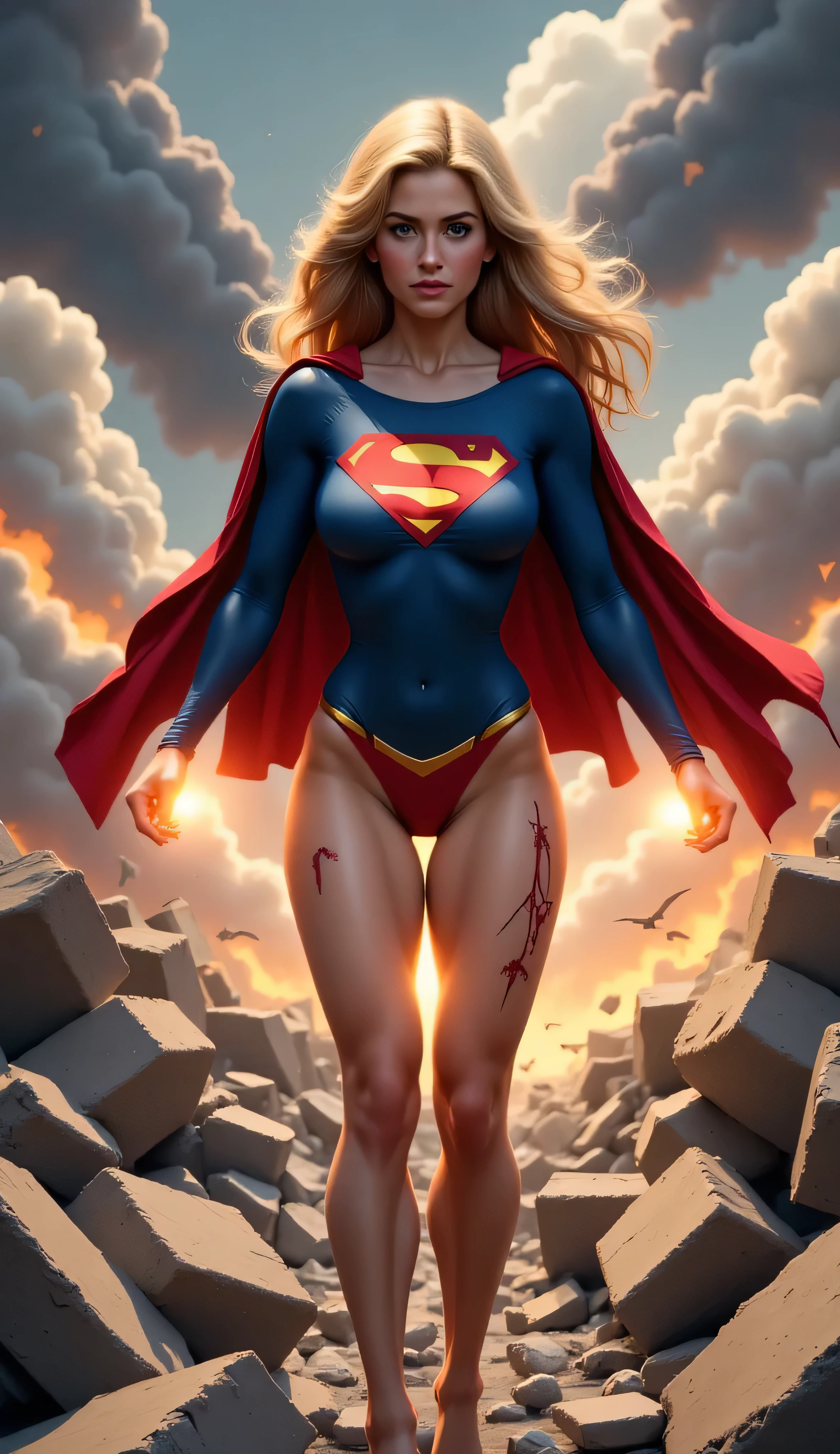 highest quality, masterpiece, ((crucifixion:1.5)), (execution), supergirl bodysuit, horrified, bleeding, ((Woman in crucifixion at the cross：1.5)), crucifixion, blue suit, Superman logo on chest, red skirt，((Torn costume)), ((Tearing of clothes)), (tattered clot(many bruises on body)), scars on body, wounds on body, injured face and body, a devastated world, ruins, abandoned building, (burning at the stake), ((roasted over fire：1.2))