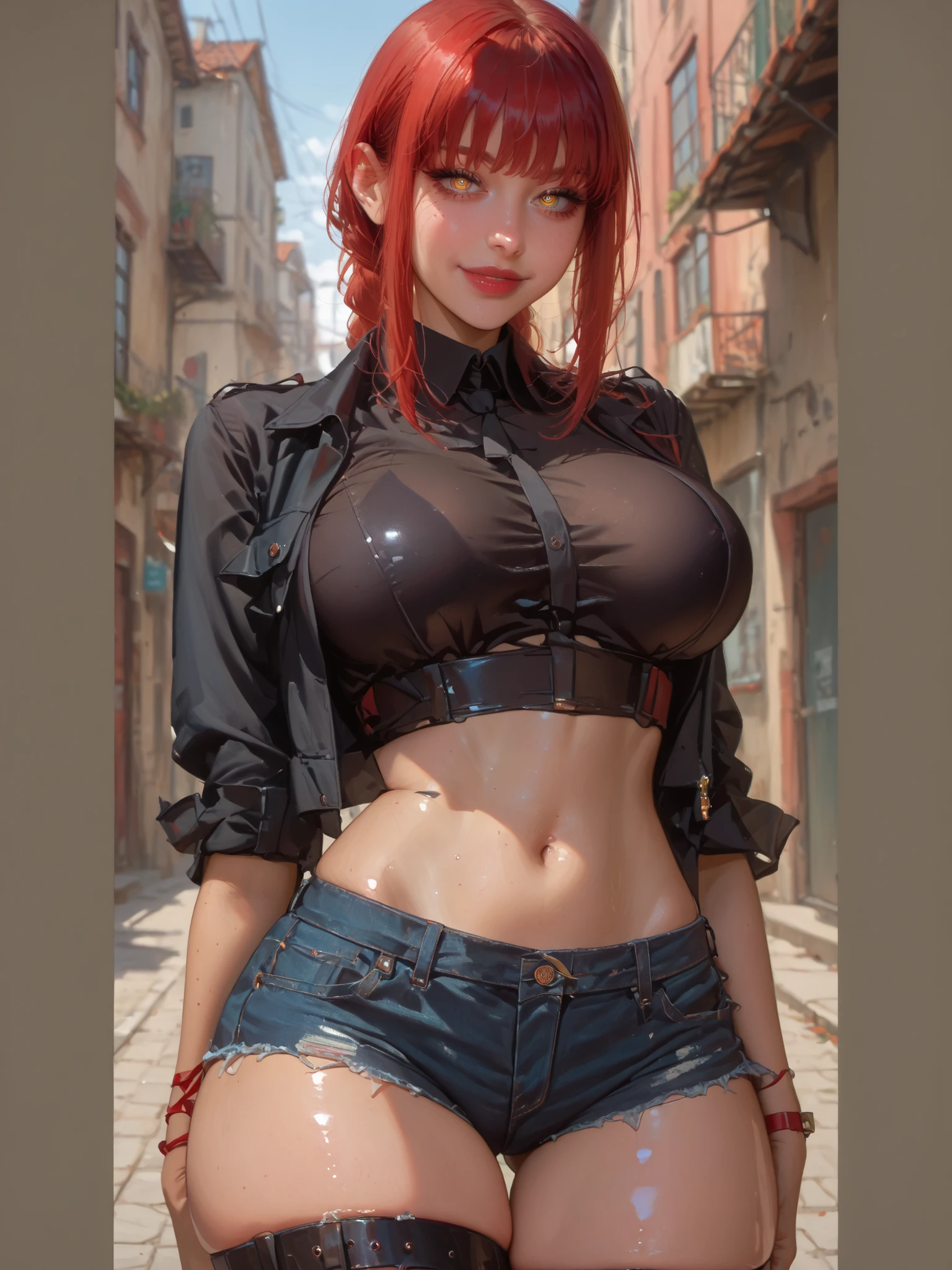 4k ultra HD, 1girl cabelo vermelho, branca, sarda, bochechas coradas, 18 anos, seios enormes, bico do peito vermelho, camisa apertada renda cinza, decote profundo, saia social curta cinza, salto alto preto, olhos cintilante vermelho, standing solo, de frente para o espectador, behind her an alley, prostituta, perto de uma esquina com carros estacionado,))