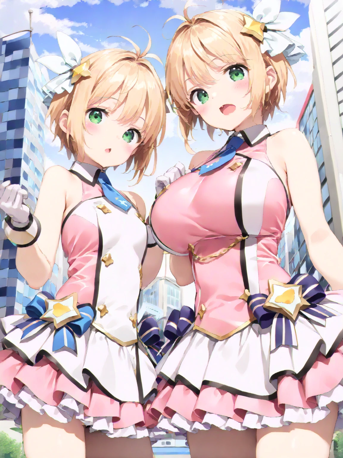 (masterpiece:1.2), (highest quality:1.2),, Curvy but slender body, Perfect Eyes, Perfect Face, Perfect lighting, 2 girls, ,At a live venue,(Standing position),(Frilly pink outfit),(whole bodyのショット),(Long Hair),(Cute Smile),Curly Hair, (Nipples become erect:2.5), Detailed outdoor background, Compensate, eye shadow, Thick eyelashes, Cute gestures, Watching the audience, whole body、blue sky、Bright and beautiful face、Young shiny glossy white glossy skin、The ultimate beauty、The most beautiful light blonde hair in the world、Thin Hair、short hair、Shiny beautiful bangs、Big, bright blue eyes、Very beautiful and lovely 18 year old, The most beautiful idol in the world、Medium chest,ponytail,Distant position,
