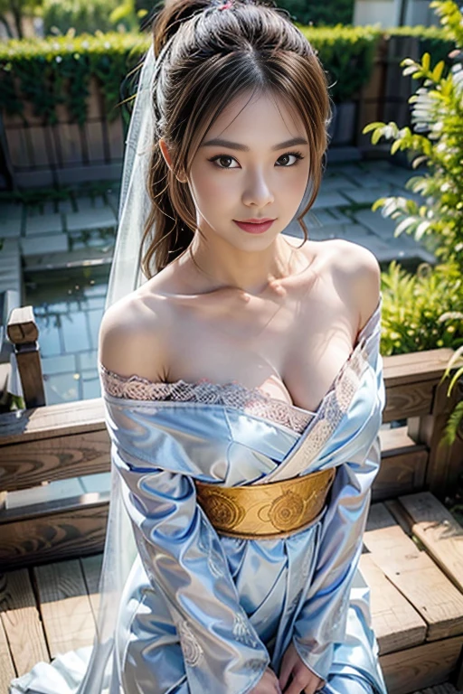 A mature Korean women stand in a flowers garden, (best quality, ultra-detailed, hyper-realistic:1.37), solo angel, big breast, puffed chest, ample cleavage, normal anatomies, plump body, kimono lace transparant, (veil made from jasmine flower, adorable face), ponytail hairstyle, black silky hair, portrait, soft color tone, spread arms, full of flowers garden, sun-tanned lighting, coboy shots, under angle shots