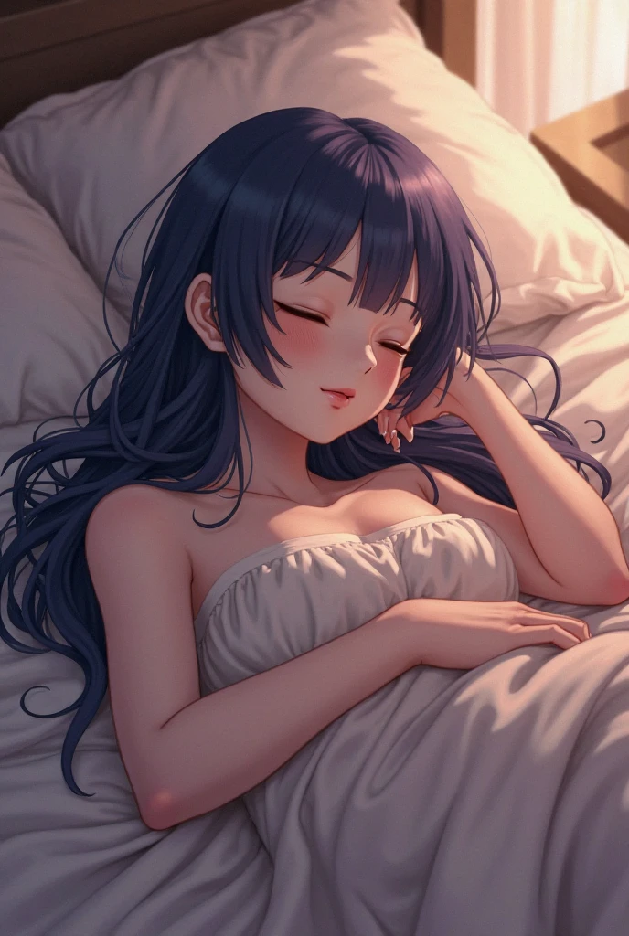 Masterpiece、Anime Coloring、Ultra fine、、Open your mouth wide、Lower Angle、looking at the camera、blush、((lie on bed))、blue sky、sunny、Small breasts、((White off-the-shoulder sweater、kirt flip、White panties)、Purple Hair、Purple fox ears、Purple fox tail、Cleavage、Leaning forward、from front、upper body、looking up、