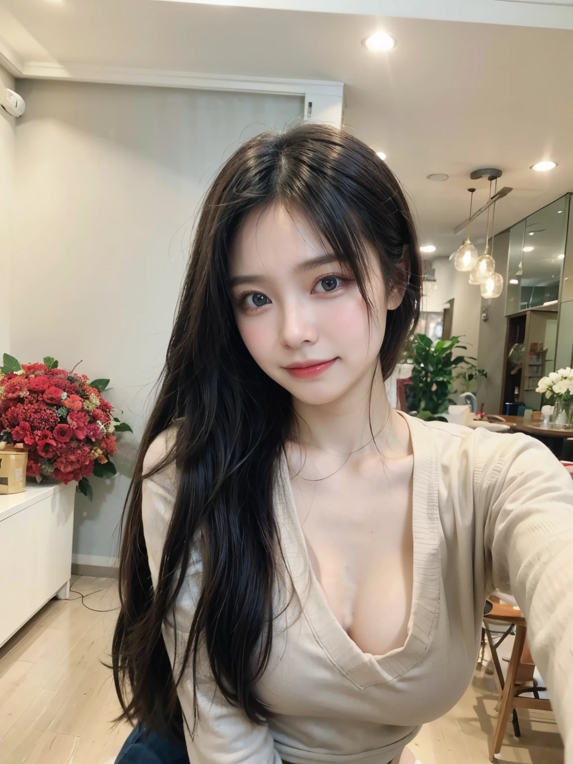 ((Top Quality, 8K, masterpiece: 1.3)), 1woman, 20yo, Korean female idols: 1.5, Slender abs beauty: 1.3, (Hairstyle casual, large full breasts: 1.1), S-line body, Full Makeup: 1.1, The dress:1.3, Ultra-fine face, A detailed eye, Double eyelidd, Location Random: 1:2