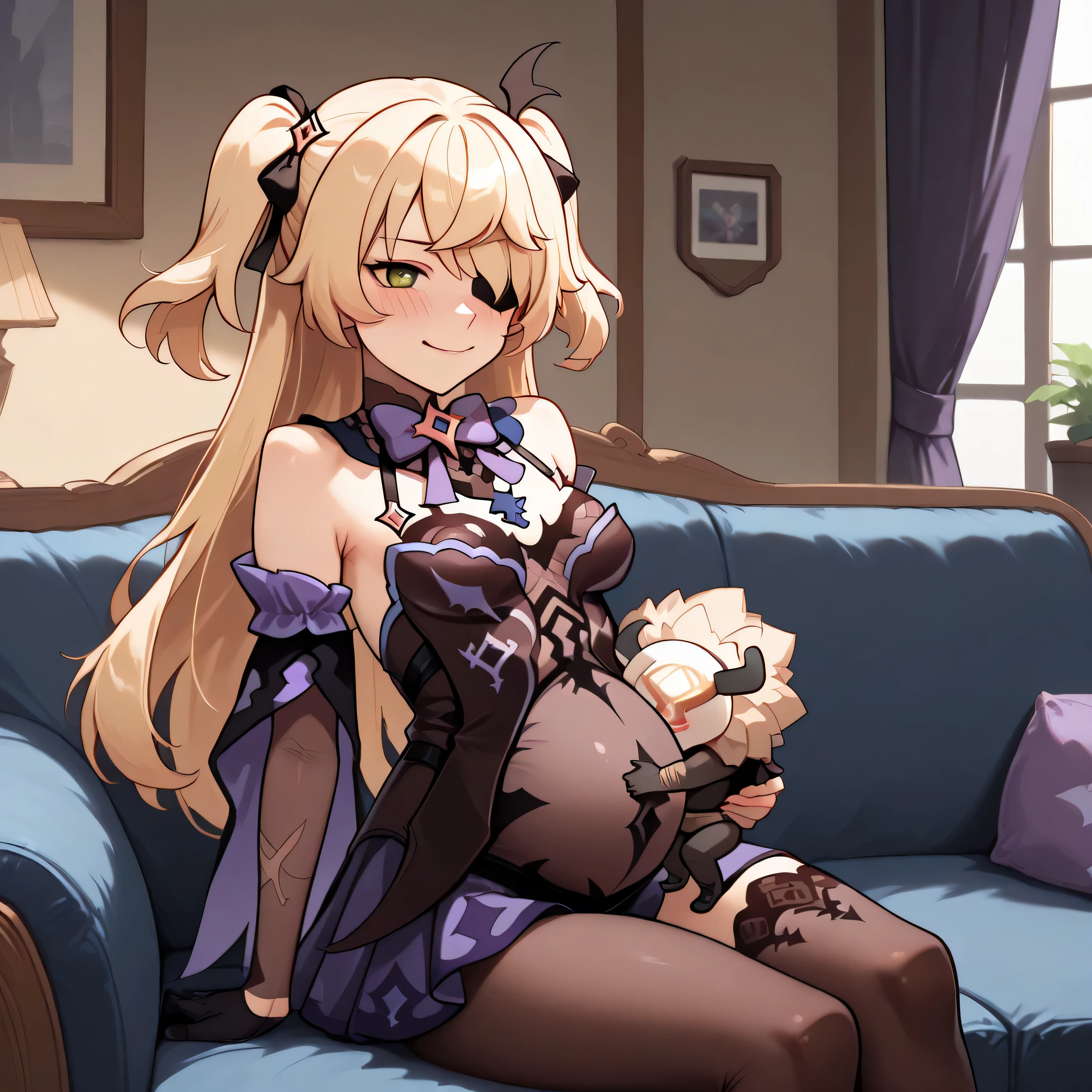 masterpiece, best quality, amazing quality, 1girl, solo, highrise penthouse, living room, sitting on couch, night time, zzFischl, green eye, blonde hair, messy hair, hair ribbon, long hair, ribbon, , eyepatch, purple bow, bodystocking, eyepatch, leotard pulled down, ribbon, gloves, bow, bowtie, shoulders, purple bow, pregnant, paternity theft, blush, grabbing, dark-skinned baby, 1boy, baby hilichurl, smile, holding baby hilichurl, baby ,