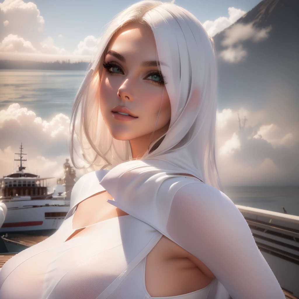 (RAW,, Nikon Z 14mm ultra-wide-angle lens, award-winning glamour photography, ((best quality)), ((masterpiece)), ((realistic)), skin pores, subsurface scattering, radiant light rays, high resolution, detailed facial features, high detail, sharp focus, smooth, aesthetic, extremely detailed, (extremely detailed eyes, extremely detailed iris), extremely detailed hair, extremely detailed skin, extremely detailed clothing, octane rendering, photorealistic, realistic, post-processing, maximum detail, realistic shadows, roughness, natural skin texture, real life, ultrarealistic, photorealism, photography, 8k UHD, photography, hdr, intricate, elegant, highly detailed, sharp focus, stunning, beautiful, beautiful), Detailed realistic beautiful woman, 40 years old like Marvel Storm, makeup, full body visible, layered hair, realistic skin, photorealistic, athletic body, realistic, cinematic shooting, (extremely detailed CG unit 8k wallpaper), trend in ArtStation, trend in CGSociety, high detail, sharp focus, dramatic, beautiful background, full shot, high quality, (beautiful face), (detailed face), detailed hands, beautiful hands, (silver hair: 1.5)