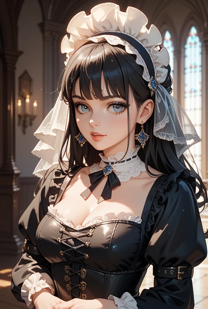 (Pure Color: 0.9), (Color: 1.1), (Masterpiece: 1,2), Best Quality, Masterpiece, High Resolution, Original, Highly Detailed Wallpaper, Beauty, Beauty, Victorian, Dress, Melancholy, Big Breasts, --auto --s2