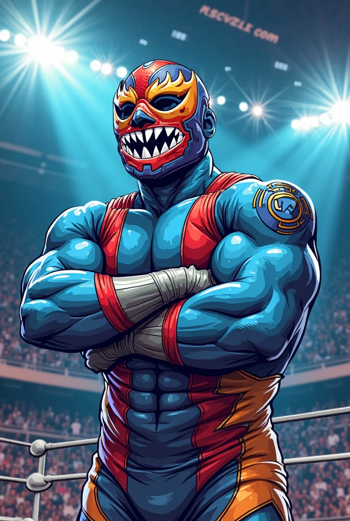 (best quality,4k,highres),Muscular macho,wrestling mask,bloody devil mask,champion theme,powerful body,sweating body,heatwaves,aggressive pose,ripped muscles,bulging veins,dominant presence,intense eyes,ferocious expression,battle scars,tattoos,heavy breathing,victory stance,arena background,dramatic lighting,explosive energy,vibrant colors,gritty texture,adrenaline rush,heart-pounding action,dynamic composition,forceful impact,exhilarating atmosphere,indomitable spirit,unstoppable determination,heroic aura,spectacular performance,legendary clash,exceptional skill,awe-inspiring strength,fierce rivalry,thunderous applause,epic showdown.